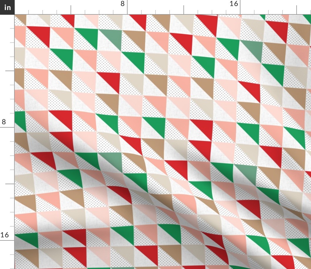 half square triangles: red, pink, tan, brown, green