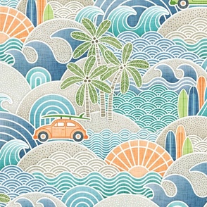 Sea, Sun and Surf with Orange Sun Large- Beach Life- Surfing Life- Surfboard- Vintage Cars- Summer- Blue Waves- Turquoise- Peacock- Orange- Large Scale- Home Decor- Wallpaper- Gender Neutral- Hawaii- California
