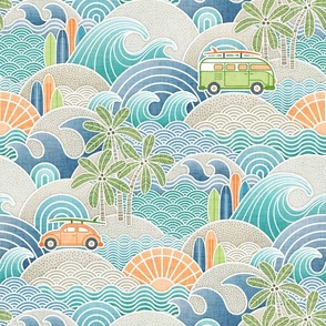 Sea,  Sun and Surf with Orange Sun Medium- Beach Life- Surfing Life- Surfboard- Vintage Cars- Summer- Blue Waves- Turquoise- Peacock- Orange- Home Decor- Wallpaper- Gender Neutral- Hawaii- California