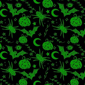 Halloween// Spider Web // Black and Green Bat and Pumpkins 