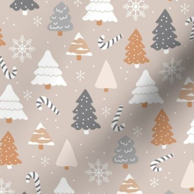 Boho christmas trees candy and snow flakes in beige caramel white charcoal on beige