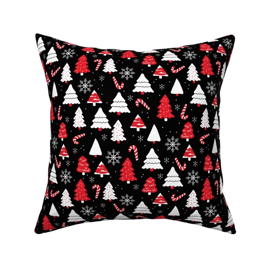 Boho christmas trees candy and snow flakes in red white charcoal on black