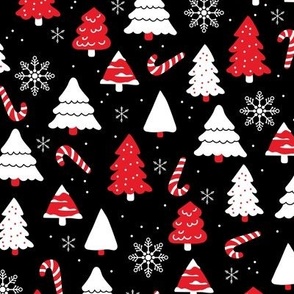 Boho christmas trees candy and snow flakes in red white charcoal on black