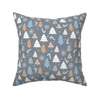 Boho christmas trees candy and snow flakes in ginger cinnamon white and faded blue on faded charcoal