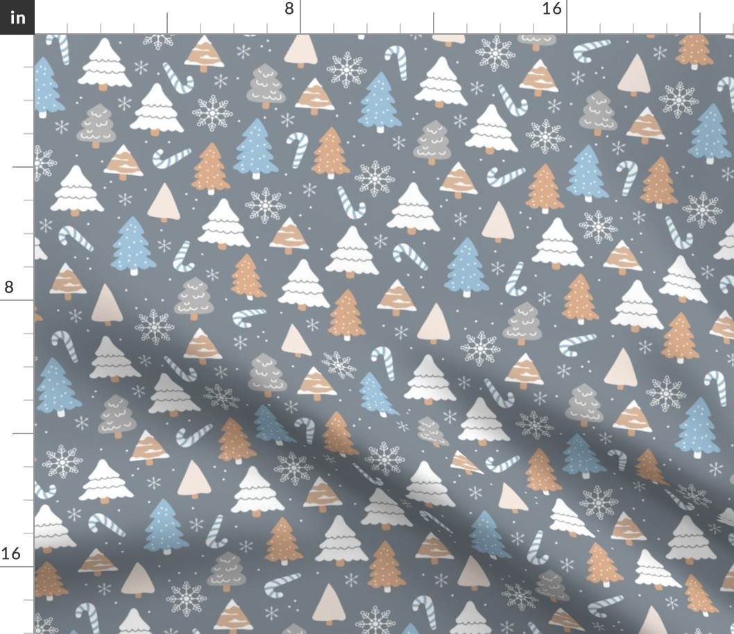 Boho christmas trees candy and snow flakes in ginger cinnamon white and faded blue on faded charcoal