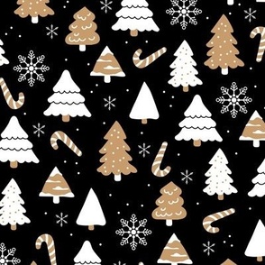 Boho christmas trees candy and snow flakes in beige caramel white on black