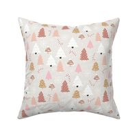 Boho christmas trees candy and snow flakes in beige pink green white on sand grey