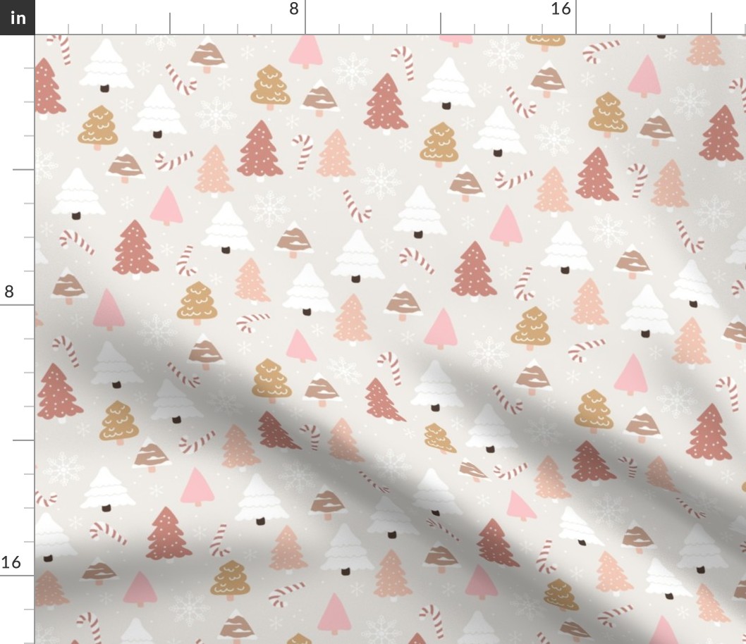 Boho christmas trees candy and snow flakes in beige pink green white on sand grey