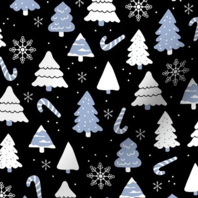Boho christmas trees candy and snow flakes in baby blue white on black