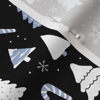 Boho christmas trees candy and snow flakes in baby blue white on black