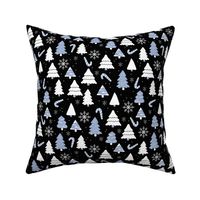 Boho christmas trees candy and snow flakes in baby blue white on black