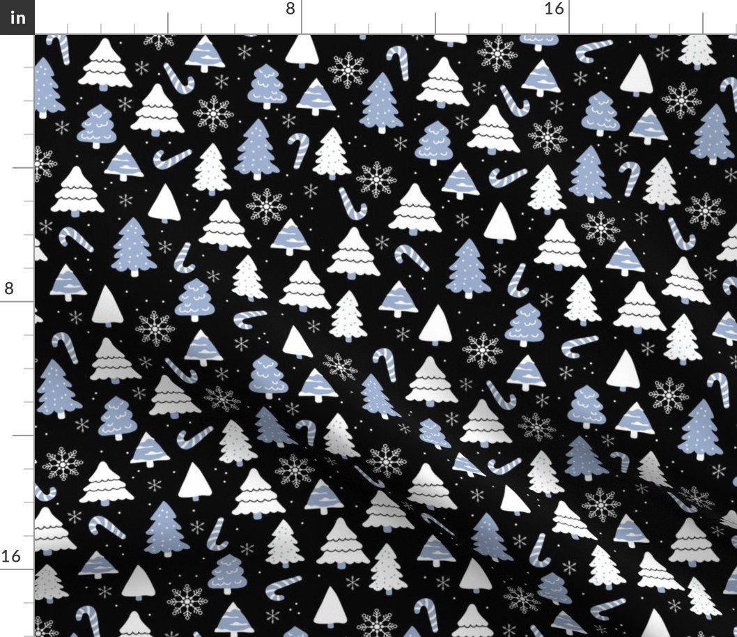 Boho christmas trees candy and snow flakes in baby blue white on black