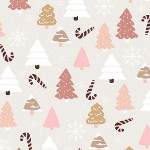 Boho christmas trees candy and snow flakes in beige brown black white on light beige grey