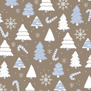 Boho christmas trees candy and snow flakes in baby blue white on faded charcoal