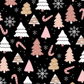 Boho christmas trees candy and snow flakes in brown pink beige caramel white on black