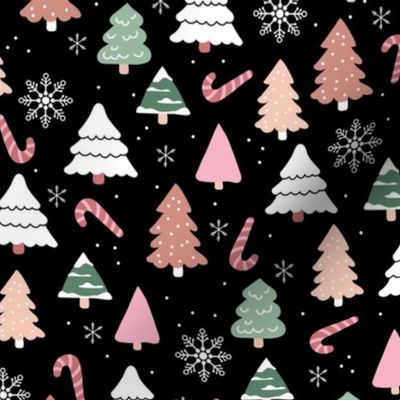 Boho christmas trees candy and snow flakes in pink sage green beige caramel white charcoal on black