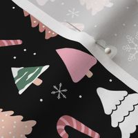 Boho christmas trees candy and snow flakes in pink sage green beige caramel white charcoal on black