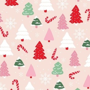 Boho christmas trees candy and snow flakes in pink green white red on blush coral