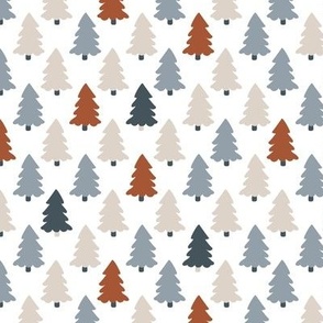 Minimal christmas pine trees winter forest in gray blue sand rust on white