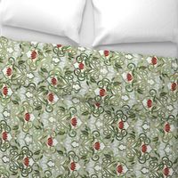 Olive Green Art Nouveau Pattern with Deep Red Flowers - custom colorway - rotated