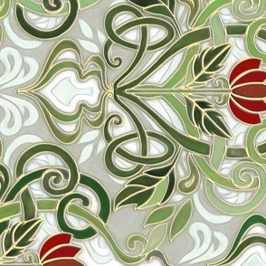 Olive Green Art Nouveau Pattern with Deep Red Flowers - custom colorway - rotated