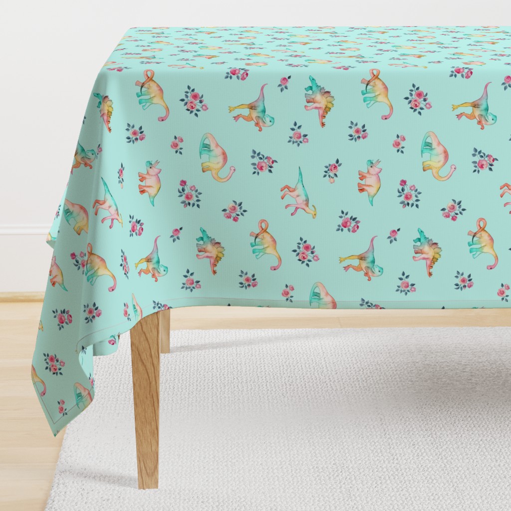 Rainbow Dinos on Pale Aqua Mint with Roses - custom request 2