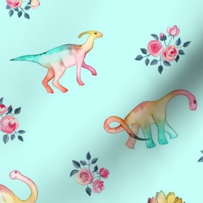 Rainbow Dinos on Pale Aqua Mint with Roses - custom request 2