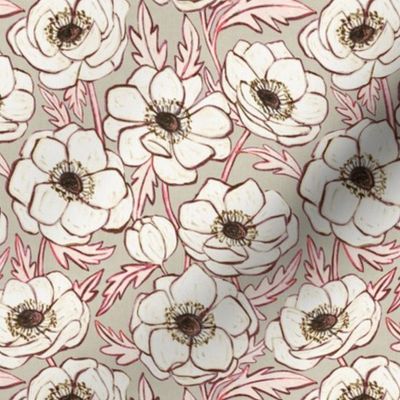 Chalk Anemones in soft neutral cream, grey and pink - small print