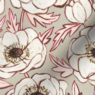 Chalk Anemones in soft neutral cream, grey and pink - large print