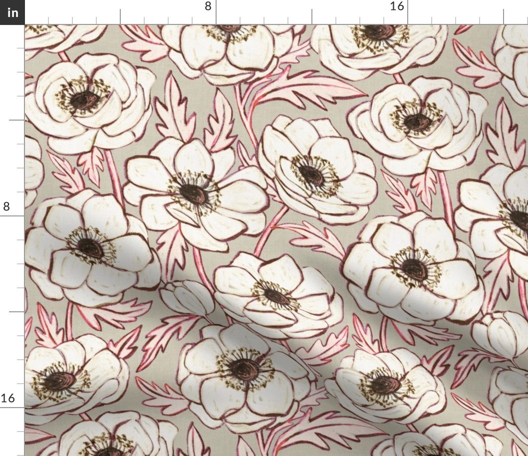 Chalk Anemones in soft neutral cream, grey and pink - large print