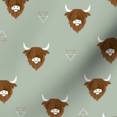 Sweet highlands with white horns and fuzzy hair highland cows rust brown on sage green