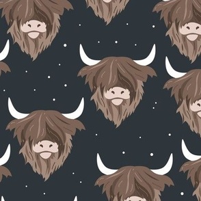 Sweet horns highland cow furry hair faces on night blue LARGE