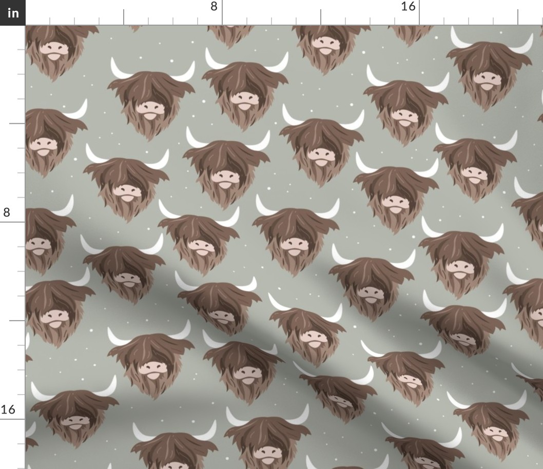 Sweet horns highland cow furry hair faces on gray mist LARGE 