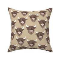 Sweet horns highland cow furry hair faces on soft beige ginger LARGE