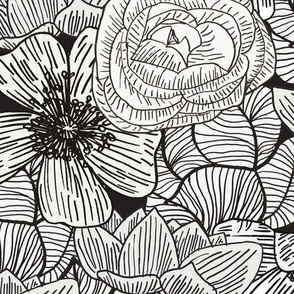 Modern Monochromatic Hand Drawn Black and White Florals in Dramatic Black and White