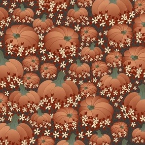 Medium Scale - Thanksgiving-Pumpkin patch with flowers on a dark background