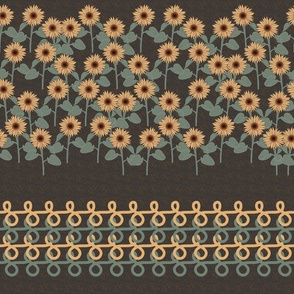 Jumbo Scale – Standing Sunflowers Border with horizontal loopy lines or stripes - Ditsy Semi-Tightly Placed on a Charcoal Gray Textured Background