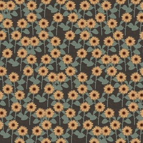 Jumbo Scale - Sunflowers with Stems- Ditsy Semi-Tightly Placed on a Charcoal Gray Textured Background