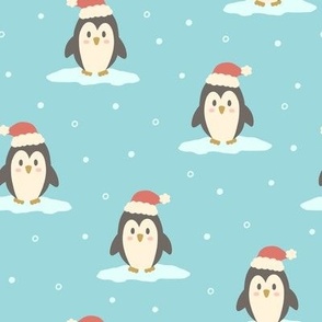 Christmas Penguins in the Snow on Aqua (Large Scale)