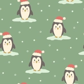 Christmas Penguins in the Snow on Green