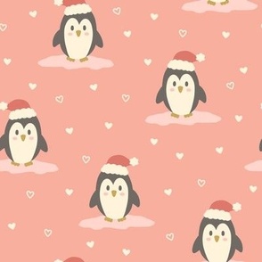 Christmas Penguins & Hearts on Pink (Large Scale)