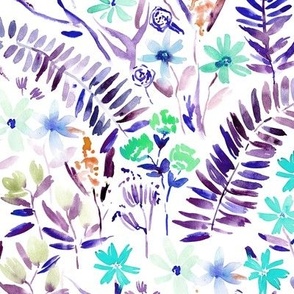 Wildflowers of Italian riviera in purple and emerald - watercolor florals meadow - painted bloom for modern home decor nursery a629-4