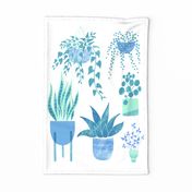 lino print houseplants tea towel in blue by Pippa Shaw