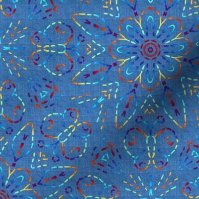 Rainbow Embroidery Illusion Butterflies and Bloom on Blue Linen Look