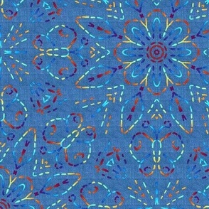 Rainbow Embroidery Illusion Butterflies and Bloom on Blue Linen Look