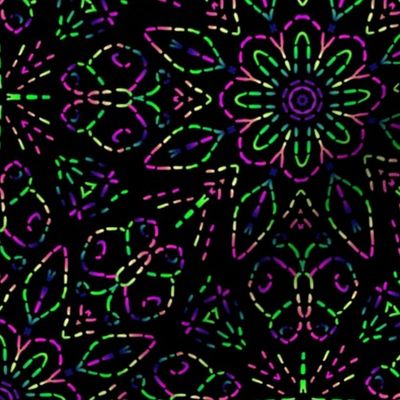 Purple and Green Embroidery Illusion Butterflies and Bloom on Black