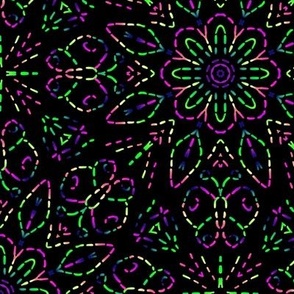 Purple and Green Embroidery Illusion Butterflies and Bloom on Black