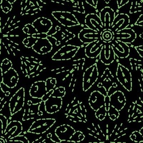 Embroidery Illusion Butterflies and Bloom in Green on Black