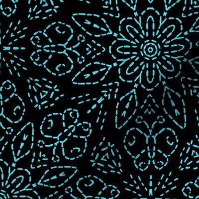 Embroidery Illusion Butterflies and Bloom in Turquoise Blue on Black