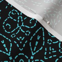 Embroidery Illusion Butterflies and Bloom in Turquoise Blue on Black